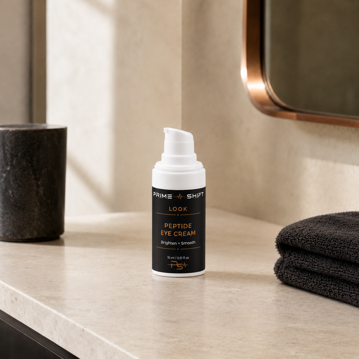 Prime Shift Look Peptide Eye Cream in a warm premium bathroom setting