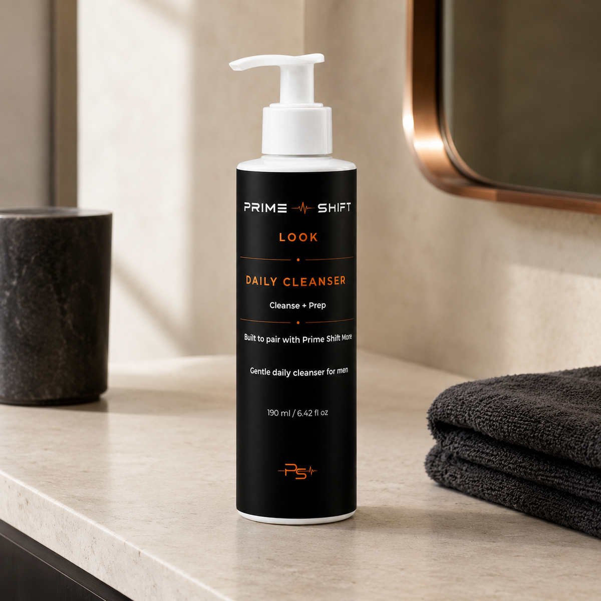 Prime Shift Look Daily Cleanser in a warm premium bathroom setting