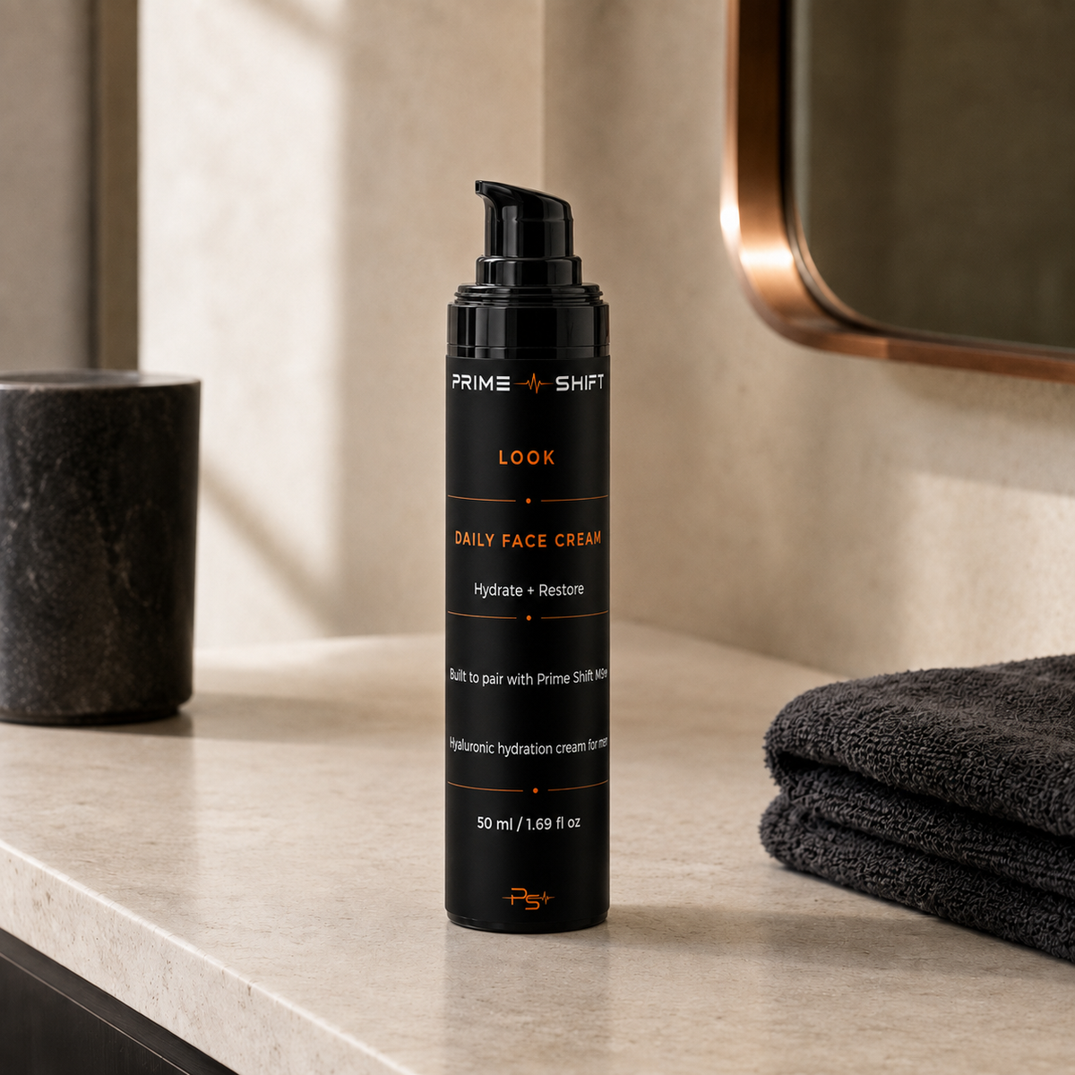 Prime Shift Look Daily Face Cream in a warm premium bathroom setting