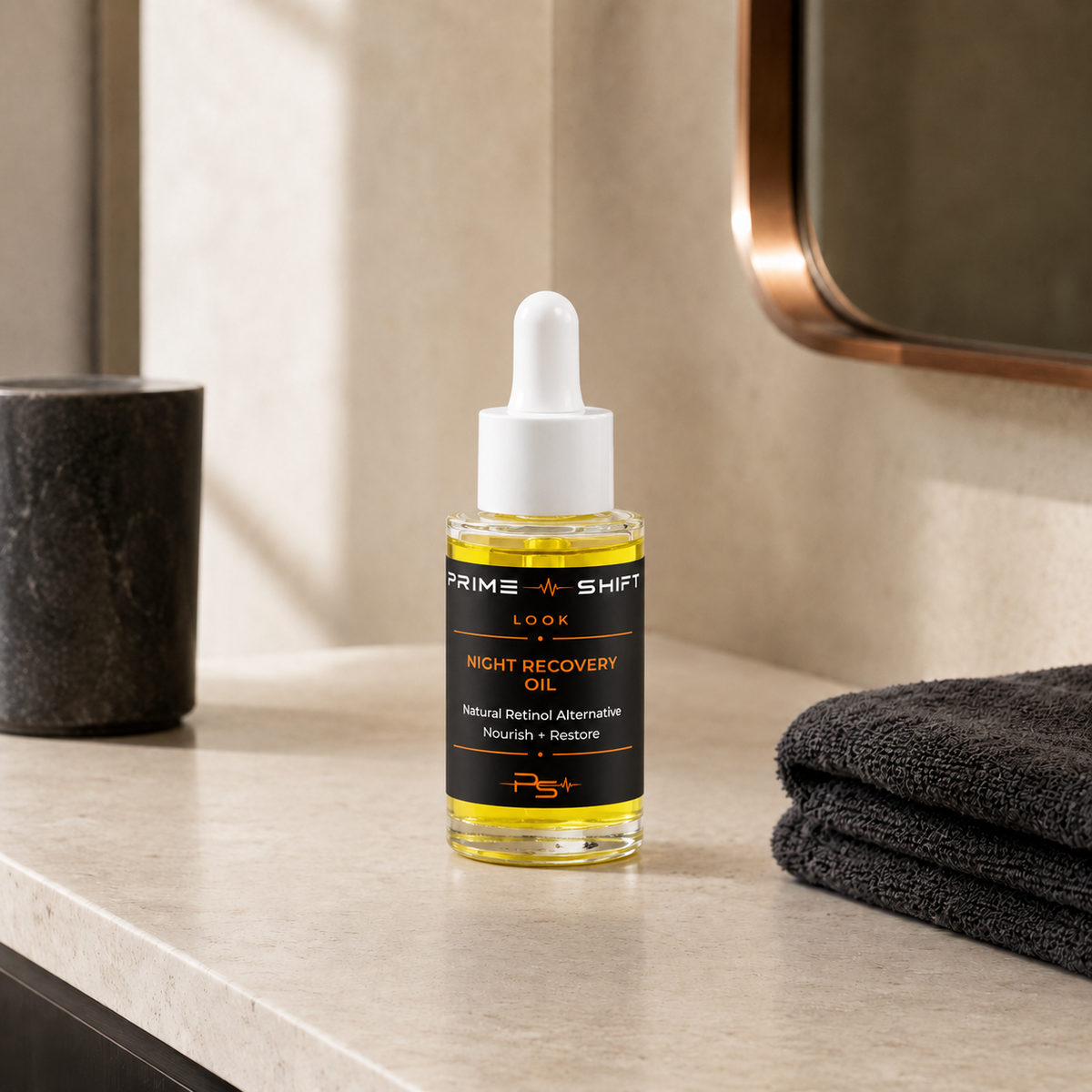 Prime Shift Look Night Facial Oil with bakuchiol and botanical oils in a warm premium bathroom setting