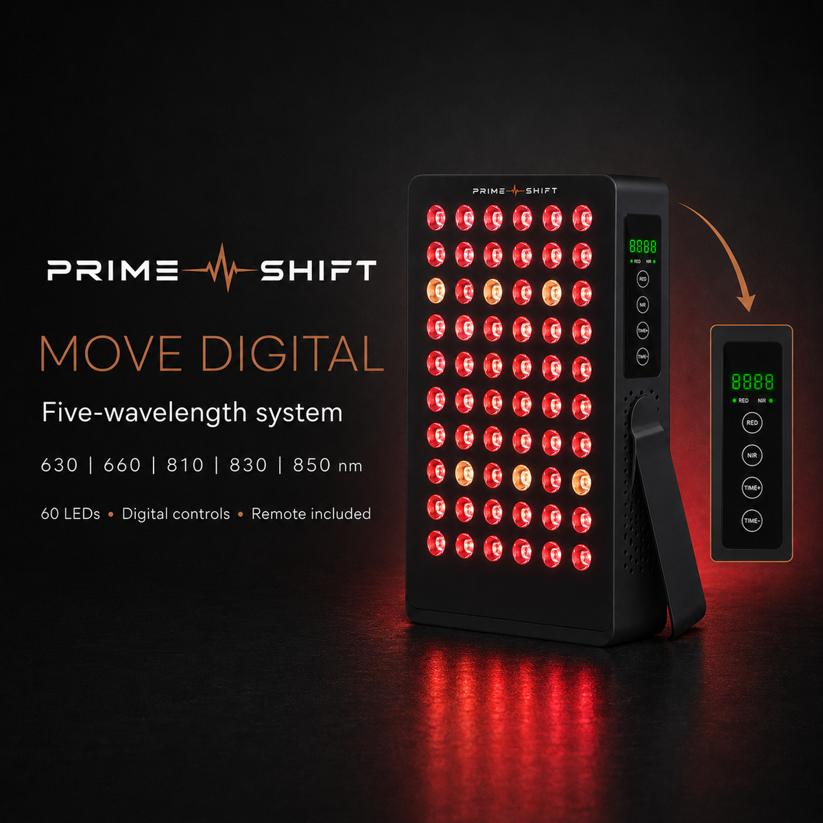 Prime Shift Move Digital illuminated 60-LED panel with five wavelengths, digital controls and tabletop stand