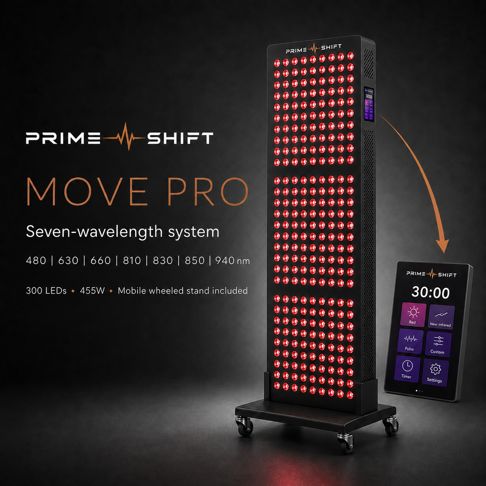 Prime Shift Move Pro illuminated on its wheeled base