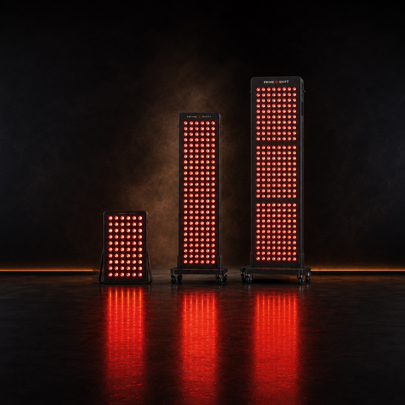 Prime Shift Move Digital, Move Plus and Move Pro illuminated red-light therapy panels.