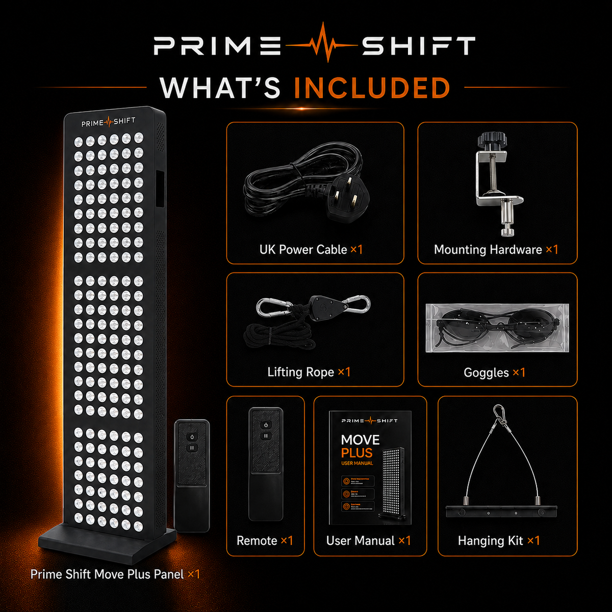 Accessories included with Prime Shift Move Plus